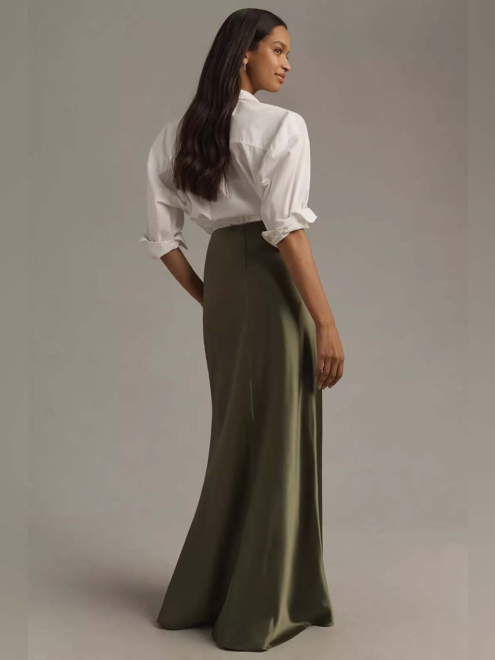 Olive Satin Maxi Skirt with Side Slit and Knot Buttons - Picture 4 of 4